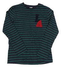 Tmavomodro-zelené pruhované melírované tričko s písmenky TAPE 'A L'OEIL