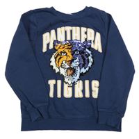 Tmavomodrá mikina s tygrem/panterem z překlápěcích flitrů a nápismi H&M