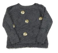 Tmavosivý chlpatý sveter s flitrami a trblietkami