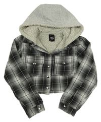 Černo-šedo-bílá kostkovaná zateplená košilová crop bunda s kapucí New Look