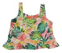 Bílo-zeleno-růžový květovaný crop top s listy Next