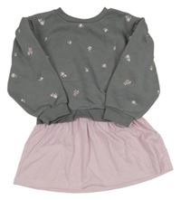 Šedo-růžové teplákovo/bavlněné šaty s výšivkami květů Primark