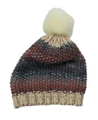 Modro-starorůžovo-smetanová melírovaná pletená čepice s bambulí