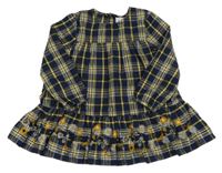 Tmavomodro-žlto-biela kockovaná trblietavá šatová tunika s výšivkami květin Topolino