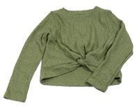 Khaki žebrované úpletové crop triko s uzlem