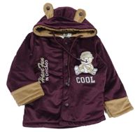 Vínová plyšová zateplená propínací mikina s medvědem a kapucí