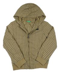 Hnedo-tmavomodro-vínová kockovaná šušťáková jarná bunda s kapucňou Benetton