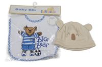 2 set - Bílo-modrý bryndák s medvědem + béžová čepice s obličejem