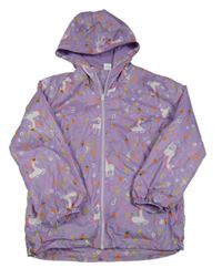 Fialová šusťáková jarní bunda s jednorožci a kapucí 