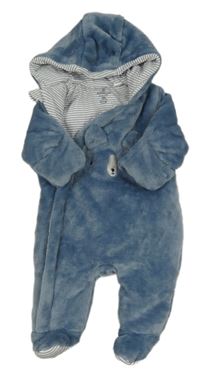 Modrá plyšová zateplená kombinéza s medvěďom a kapucňou Mothercare