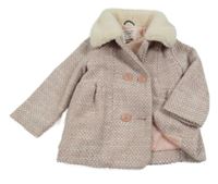 Růžovo-šedý melírovaný podšitý kabát s kožešinovým límcem C&A