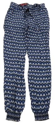 Nové - Tmavomodro-modré vzorované ľahké nohavice s opaskom Yd.