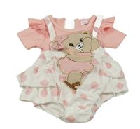 Bielo-ružový kraťasový overal s bodkami a medvěďom