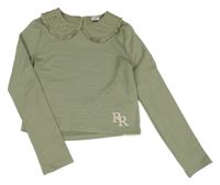 Khaki rebrované crop tričko s golierikom River Island