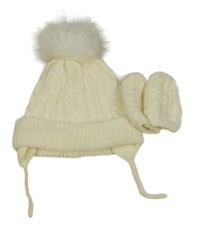 2 set - smetanová pletená čepice s bambulí + rukavice Primark