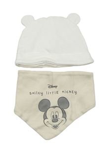 2set - Bílá bavlněná čepice + béžový slintáček s Mickeym