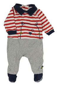 Červeno-bielo-sivý overal s pruhmi a medvedíkom zn. Mamas&Papas