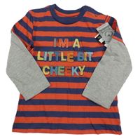 Červeno-tmavomodro-šedé pruhované triko s nápisem 