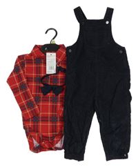 Nové - 3set - Tmavomodré laclové manšestráky + červeno-tmavomodré kostkované body + motýlek F&F