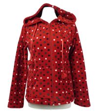Dámská červená chlupatá puntíkovaná propínací mikina s kapucí 
