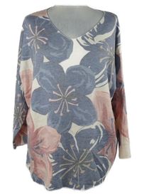 Dámsky modro-ružovo-biely kvetovaný ľahký sveter