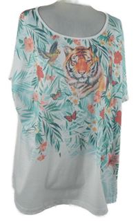 Dámske bielo-zelené kvetované voľné é tričko s tigrom Atlas vel. 56