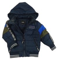 Tmavomodro-khaki šusťáková zimní bunda s nášivkou a kapucí Europe kids