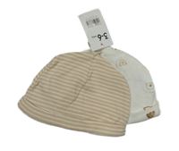Nové - 2 x čepice - hnědo-bílá pruhovaná čepice + biela s obrázkami Mothercare