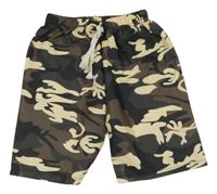Béžovo-hnědo-khaki ľahké šušťákové army vzorované kraťasy