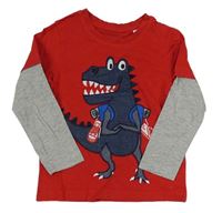 Červené triko s dinosaurem a šedými rukávy C&A