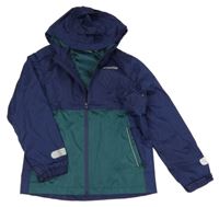 Tmavomodro-zelená šušťáková funkčná jarná bunda nápisem a kapucňou Crane