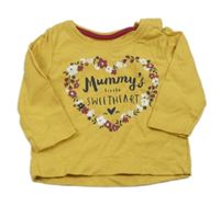 Hořčicové triko s nápisem a kytičkami Primark