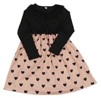 Čierne rebrované šaty s čipkou a růžovou sukní so srdiečkami