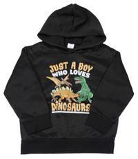 Čierna mikina s dinosaury, nápisy a kapucňou