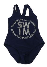 Tmavomodré jednodielne plavky s nápisom M&S
