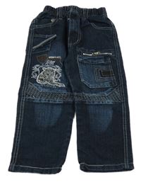 Tmavomodré rifle s výšivkou a vreckom