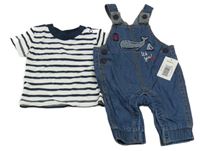 Nové - 2set - Tmavomodré podšité laclové rifle s velrybou + pruhované tričko Matalan