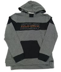 Černo-bílá proužkovaná mikina s nápisem a kapucí 