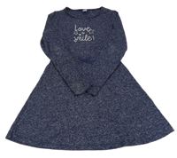 Tmavomodré melírované úpletové šaty s nápisom Yigga