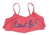 Neonově růžová plavková podprsenka s nápisem z flitrů Page one young