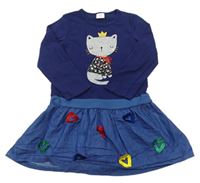 Tmavomodro-modré bavlněno/riflové šaty s mačičkou a farebnými srdiečkami s strapcemi