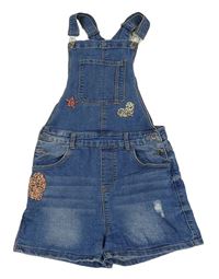 Modré teplákové rifľové na traké kraťasy so srdiečkami s kamienkami a vyšúchaním Denim Co.