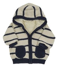 Smetanovo-tmavomodrý pruhovaný rebrovaný prepínaci podšitý sveter s kapucňou George