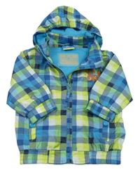 Modro-bílo-limetkovo-tmavomodrý kostkovaný jarní bomber s číslom a ukrývací kapucňou Topolino