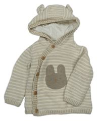 Béžovo-bílý pruhovaný zavinovací propínací podšitý svetr se zajíčkem a kapucí s oušky Mothercare