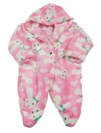 Ružová plyšová kombinéza so zajačikmi a kapucňou