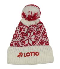 Bielo-červená vzorovaná vlnená čapica s logom a vločkami a brmbolcom LOTTO