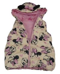 Světlepudrová prošívaná šusťáková zateplená vesta s Minnie a srdíčky a kapucí Disney