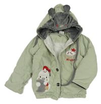 Světleolivový vzorovaný sametový zateplený kabátek s kuřátkem a kapucňou