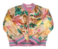 Meruňkovo-růžový saténový jarní bomber s motýlikmi a lístečky H&M